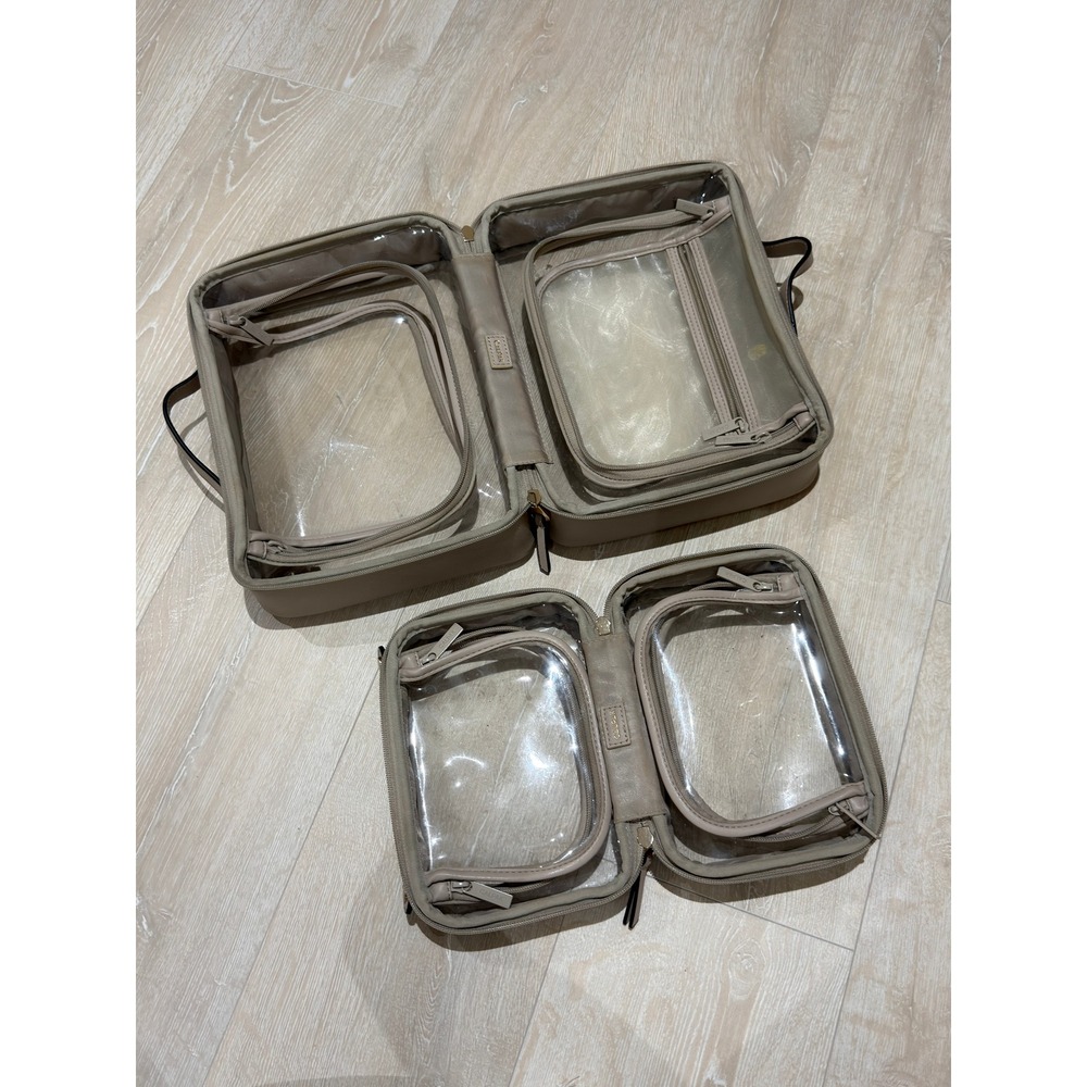 CALPAK Clear Cosmetics Case Set Tan Beige Travel Toiletry Makeup Bag Duo